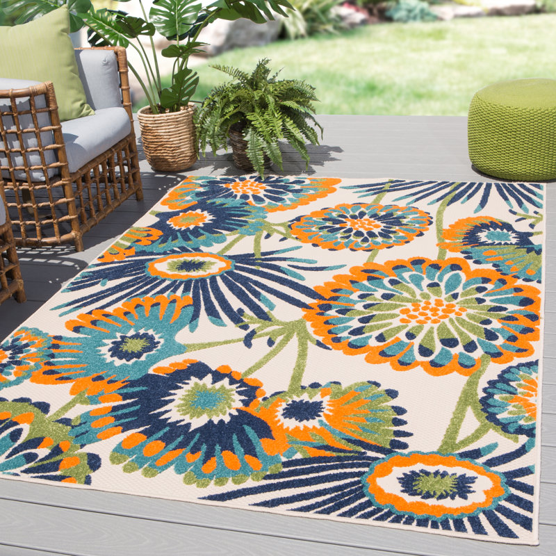 Ebern Designs Tabb Floral Orange/Blue Indoor/Outdoor Area Rug & Reviews